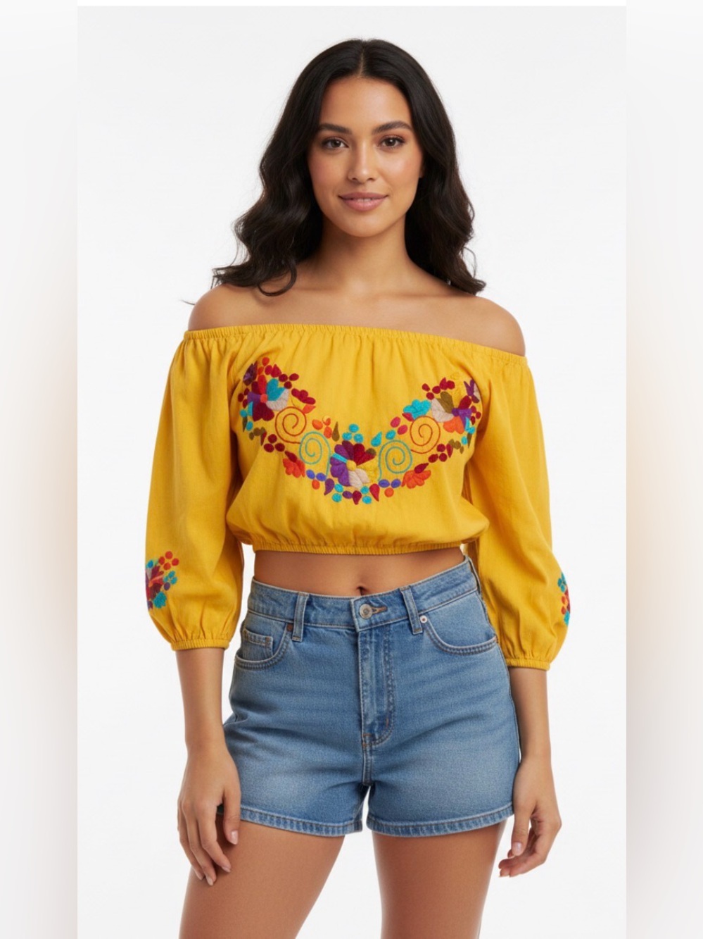 Unbranded Yellow Embroidered Mexican Off-Shoulder Embroidered Crop Top Size M